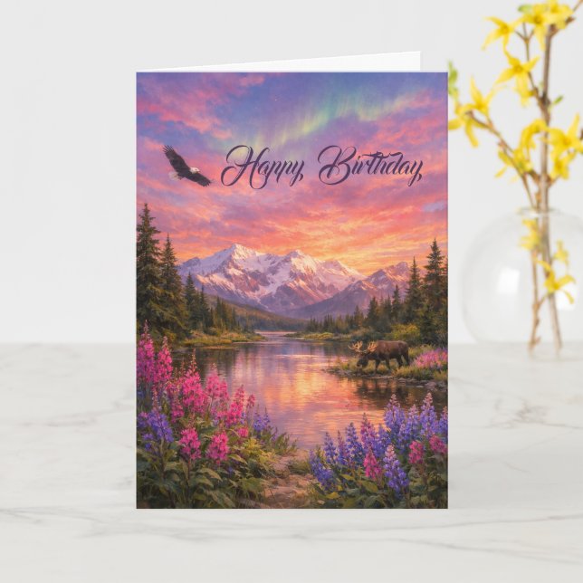 Carte Paysage coloré d'Alaska pour un anniversaire (Fleur jaune)