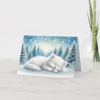 Carte Paysage Festif D'Hiver Avec Chat Blanc Noël