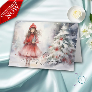 Carte Paysage hivernal à l'aquarelle Noël Sprite Rouge 