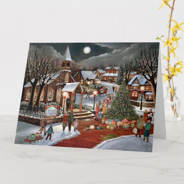 Carte Paysage hivernal enneigé de Noël vintage (Fleur jaune)