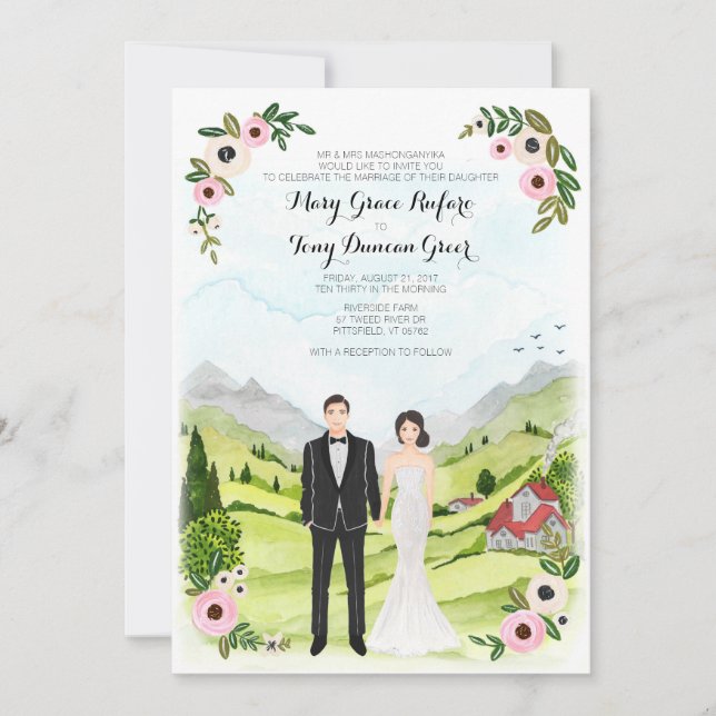 Carte Paysage Mariage de Portrait Illustré Couple (Devant)