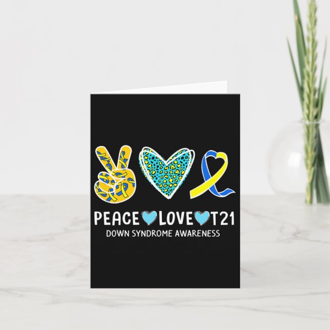 Carte Peace Love Cure Bleu Et Jaune Ruban Down Syndro (Devant)