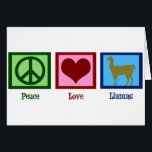Carte Peace Love Llamas<br><div class="desc">Un signe de paix,  un coeur,  et une jolie lama.</div>