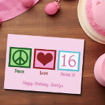 Carte Peace Love Sweet 16 Pretty Pink 16e anniversaire<br><div class="desc">La carte de seizième anniversaire personnalisée parfaite pour une adolescente. Peace Love Sweet 16 avec votre texte personnalisé mignon en joli rose.</div>