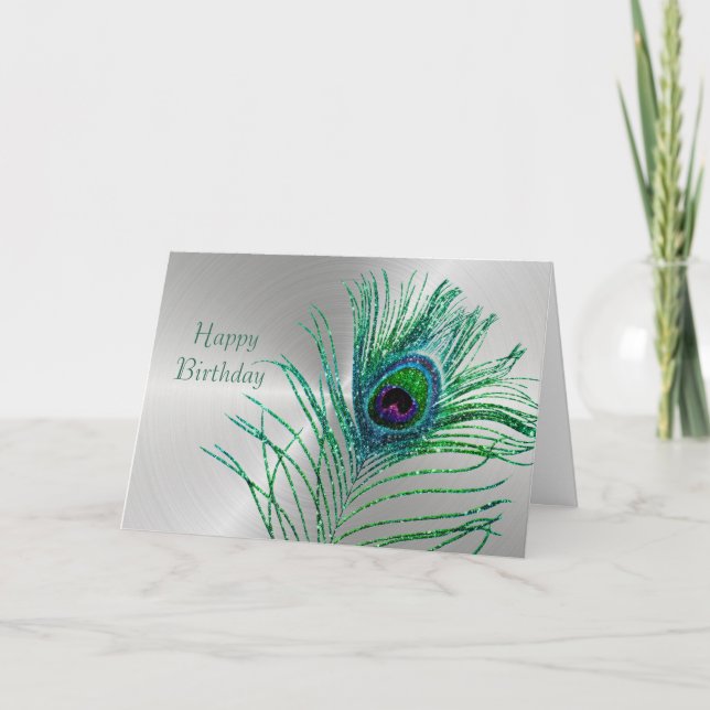 Carte Peacock Feather Green Parties scintillant Argent A (Devant)