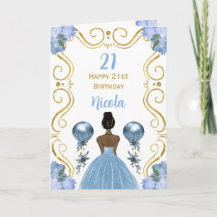 Carte Peau foncée Princesse Bleu Joyeux anniversaire