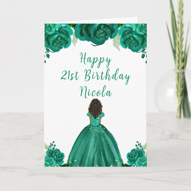 Carte Peau foncée Princesse Flore verte fête d'anniversa (Devant)