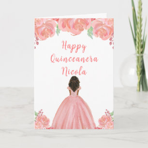 Carte Peau foncée princesse rose Floral Quinceanera