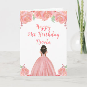 Carte Peau foncée princesse rose florale fête d'annivers