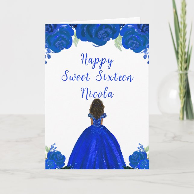 Carte Peau foncée Princesse Sweet sixteen Floral bleu (Devant)