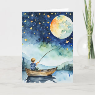 Carte Pêche Garçon En Pleine lune Anniversaire