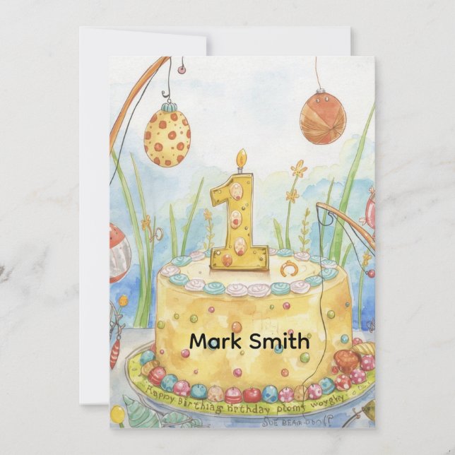 Carte Pêcher 1er anniversaire avec gâteau pour les amour (Devant)