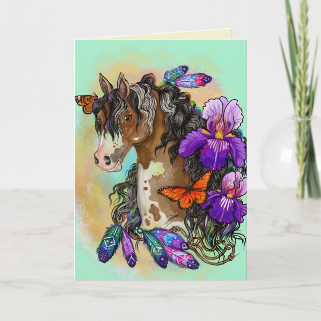 Carte Peindre Cheval Mustang avec Iris et papillons (Devant)