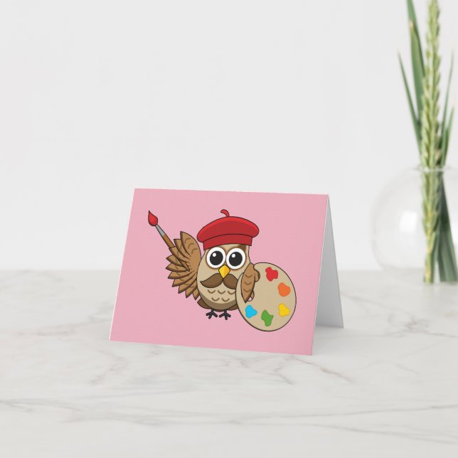 Carte Peintre Chouette Dessin Animé Mignon | Ajouter son (Devant)