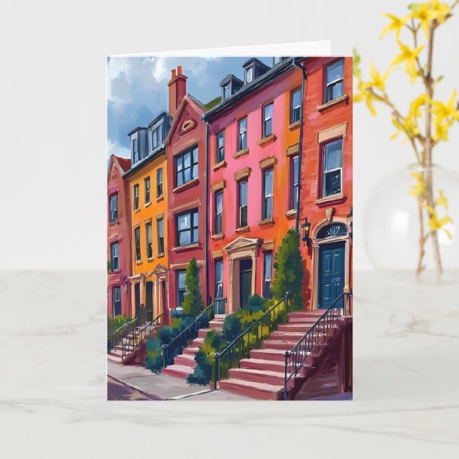 Carte Peinture à l'aquarelle de rue de ville en grès bru (Fleur jaune)