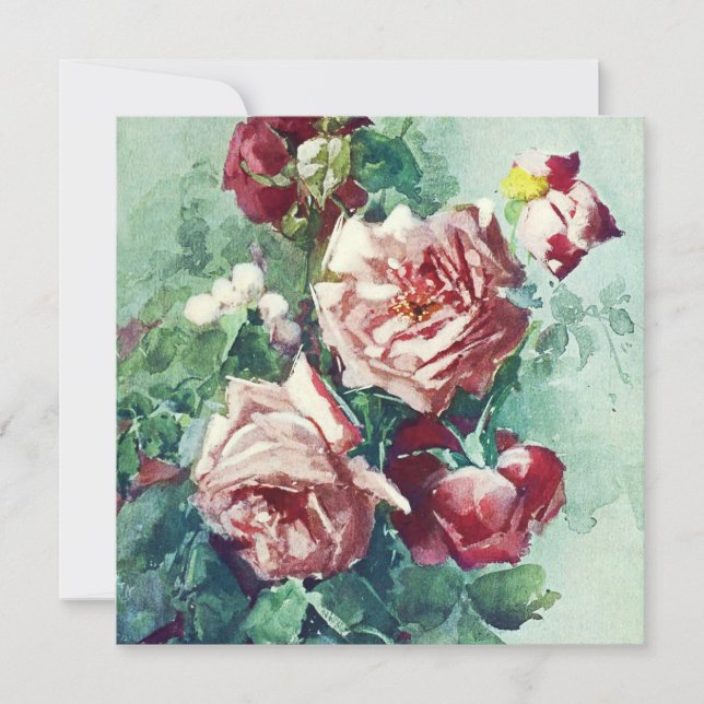 Carte Peinture aquarelle de roses roses élégantes vintag (Devant)