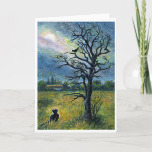 Carte Peinture, chat, oiseau, lune et paysage acryliques