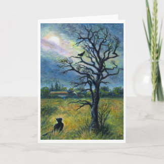 Carte Peinture, chat, oiseau, lune et paysage acryliques