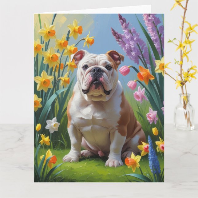 Carte Peinture de fleurs de printemps Bulldog (Fleur jaune)