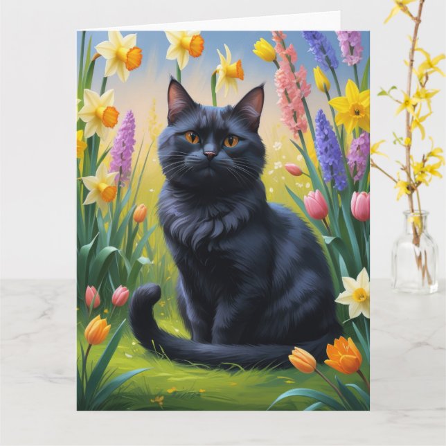 Carte Peinture de fleurs de printemps de chats noirs (Fleur jaune)