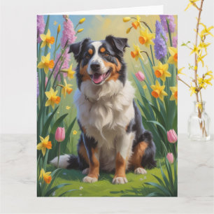 Carte Peinture de fleurs de printemps de chien berger au