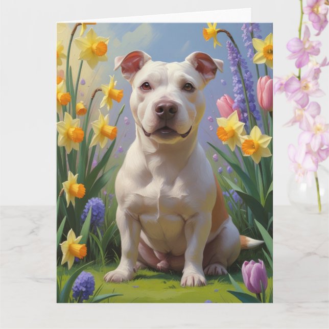 Carte Peinture de fleurs de printemps de chien Bull Terr (Orchidée)