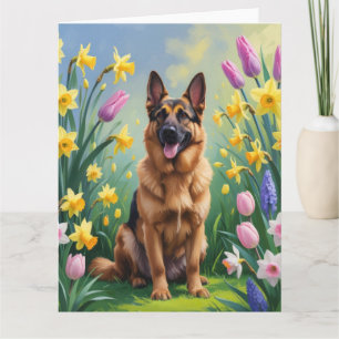 Carte Peinture de fleurs de printemps de chien de berger