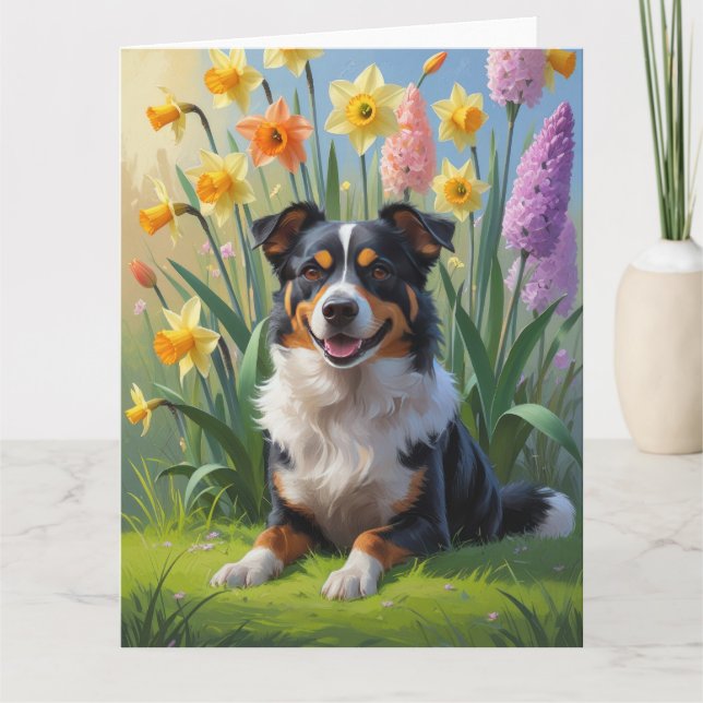 Carte Peinture de fleurs de printemps de chien Kelpie au (Devant)