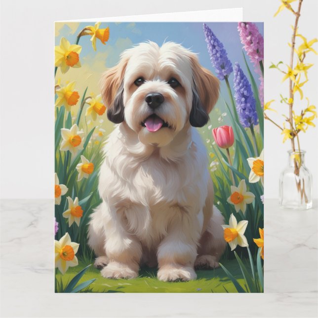 Carte Peinture de fleurs de printemps de chien Lhasa Aps (Fleur jaune)