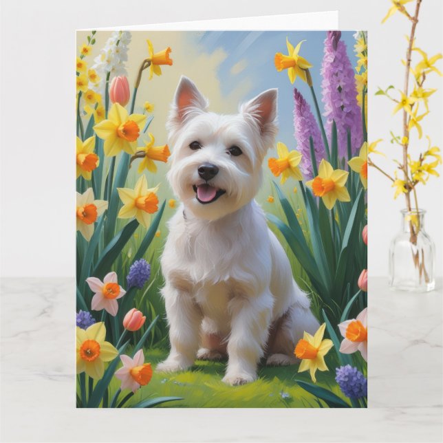 Carte Peinture de fleurs de printemps de chien Terrier T (Fleur jaune)