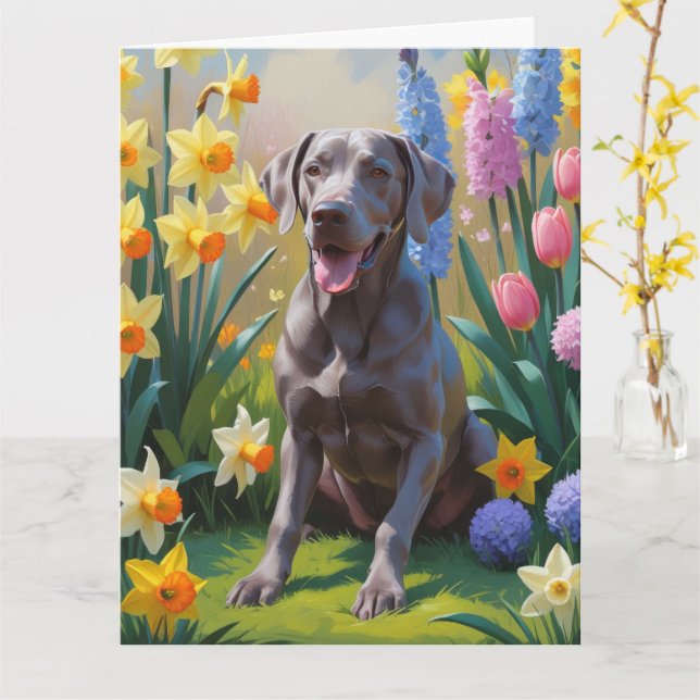 Carte Peinture de fleurs de printemps de chien Weimarane (Fleur jaune)