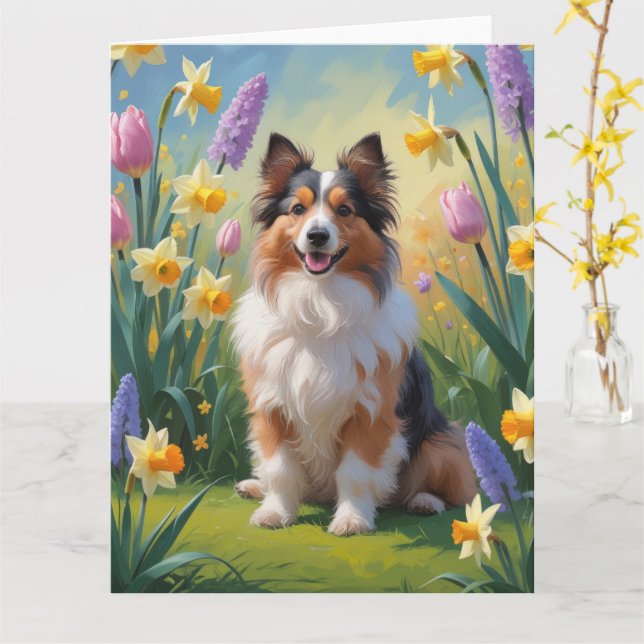 Carte Peinture de fleurs de printemps de Shetland Sheepd (Fleur jaune)