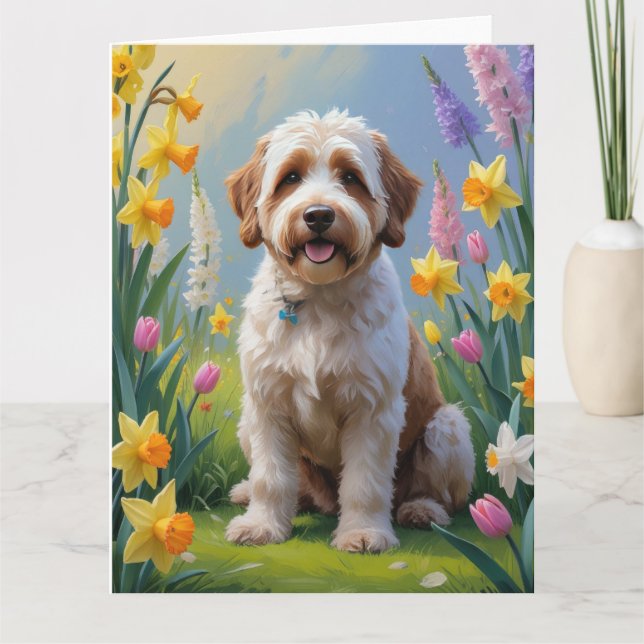 Carte Peinture de fleurs printanières Bernedoodle  (Devant)