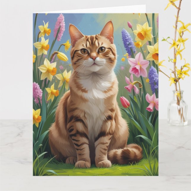 Carte Peinture de fleurs printanières de chat Bengal (Fleur jaune)