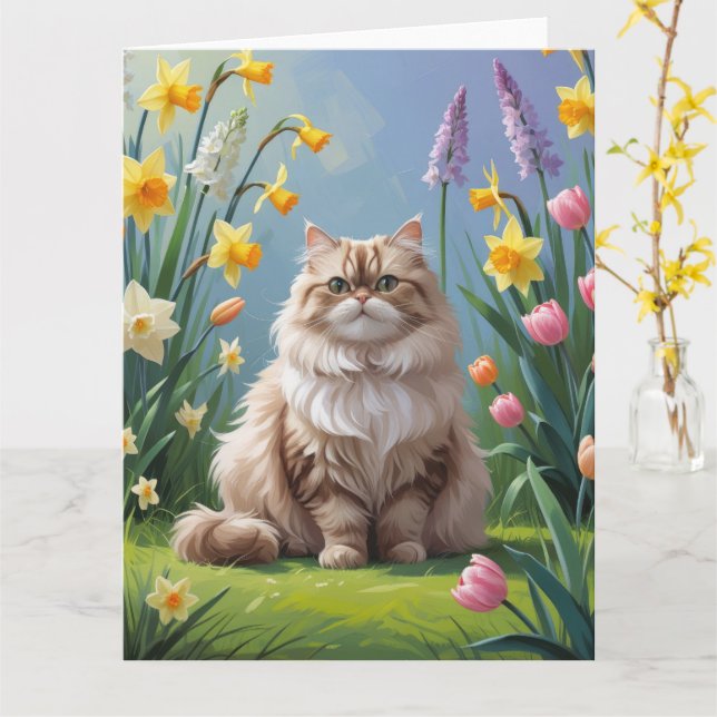 Carte Peinture de fleurs printanières de chat persan (Fleur jaune)