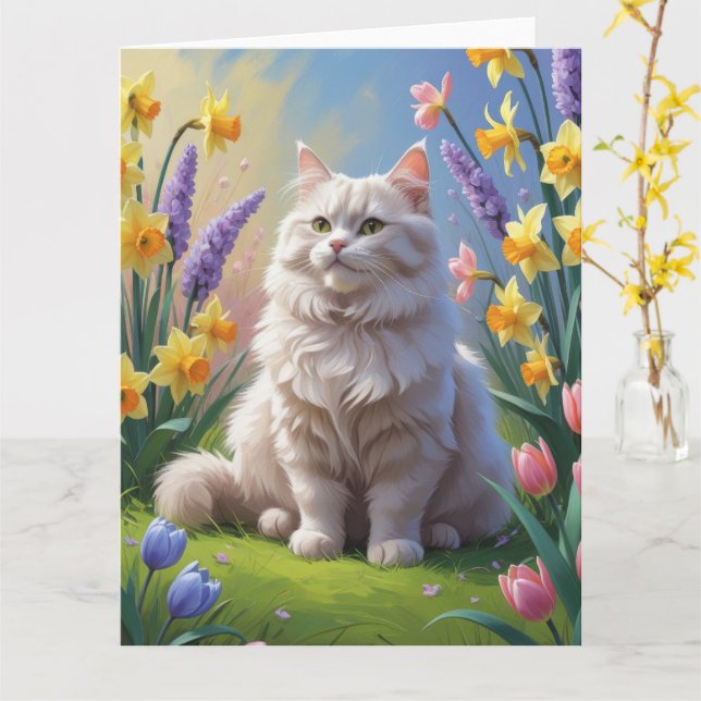 Carte Peinture de fleurs printanières de chat sibérien (Fleur jaune)