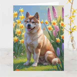 Carte Peinture de fleurs printanières de chien Akita
