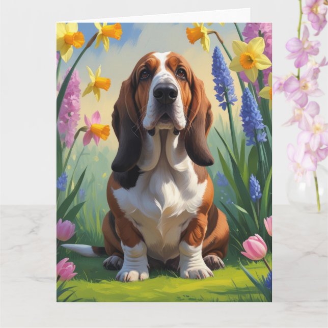 Carte Peinture de fleurs printanières de chien Basset Ho (Orchidée)