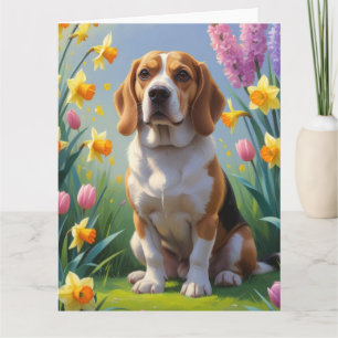 Carte Peinture de fleurs printanières de chien Beagle