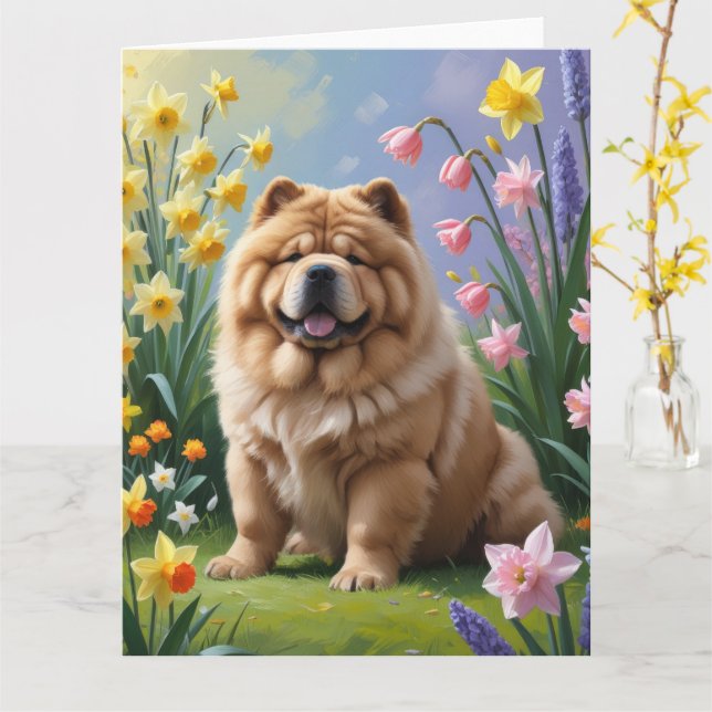 Carte Peinture de fleurs printanières de chien Chow Chow (Fleur jaune)