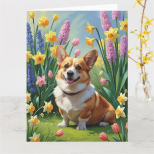 Carte Peinture de fleurs printanières de chien Corgi