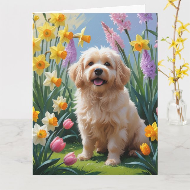 Carte Peinture de fleurs printanières de chien Coton De  (Fleur jaune)