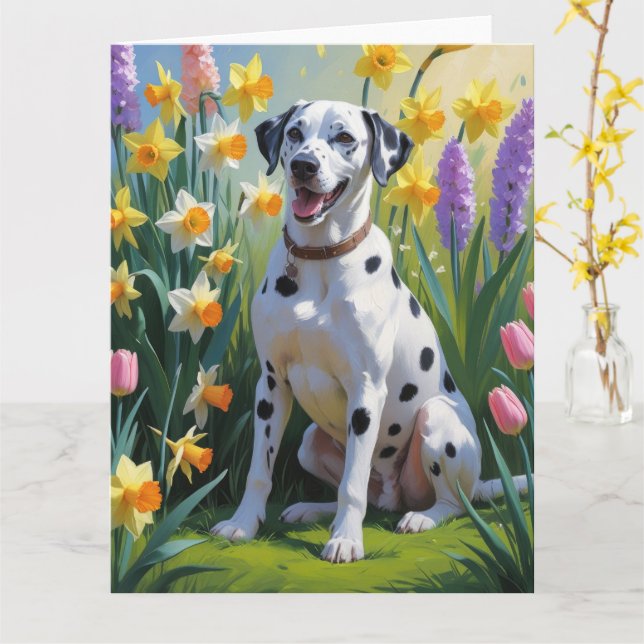 Carte Peinture de fleurs printanières de chien dalmate (Fleur jaune)