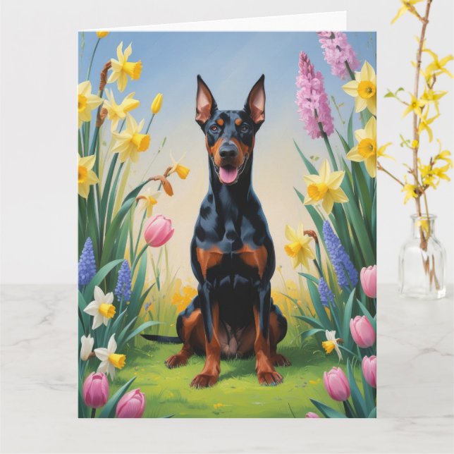 Carte Peinture de fleurs printanières de chien Doberman (Fleur jaune)