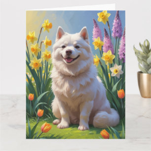 Carte Peinture de fleurs printanières de chien esquimau 