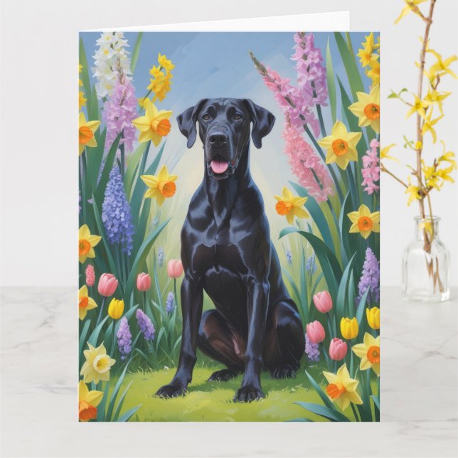 Carte Peinture de fleurs printanières de chien Grand Dan (Fleur jaune)