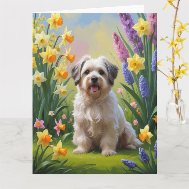 Carte Peinture de fleurs printanières de chien havanais  (Fleur jaune)