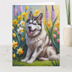 Carte Peinture de fleurs printanières de chien Husky sib