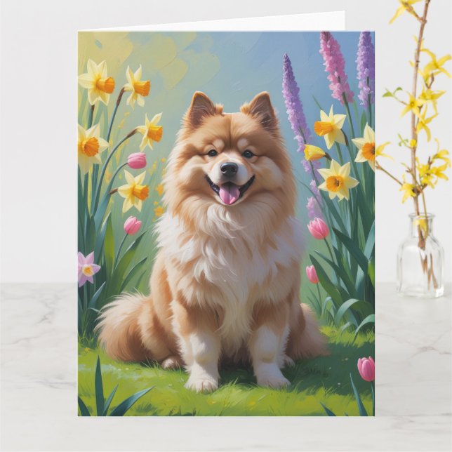 Carte Peinture de fleurs printanières de chien Keeshond  (Fleur jaune)