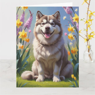 Carte Peinture de fleurs printanières de chien Malamute